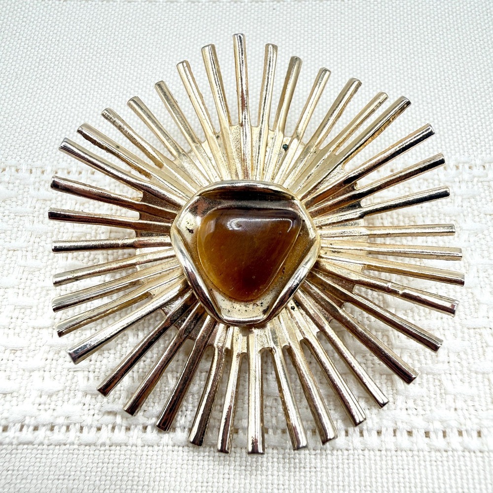 Vintage Retro Mid-Century Gold Tone & Tiger Eye Atomic Sunburst Pin Brooch 2"